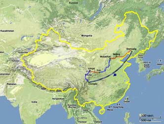 Route points: Beijing - Shenyang - Chengdu - Longxi - Xian - Wutaishan - Beijing, 2583 km (by bike only) Bicycle route is blue, railway spans are red.